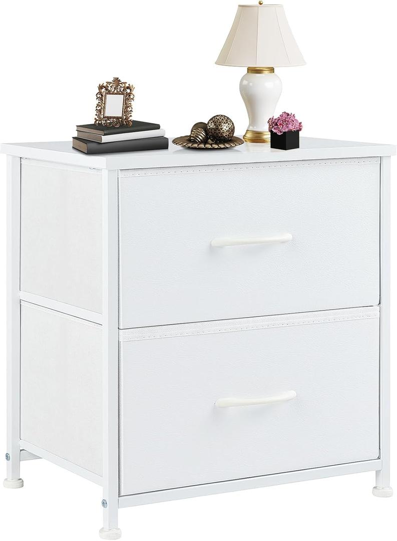 DUMOS Nightstand Small Dresser with 2 Fabric Drawers Side Tables Bedroom End Table Kids Bedside Storage Furniture for 20 inch Tall Night Stand for Closet, Entryway, College Dorm, White