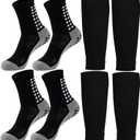 KMOLY 1 Set Kids Grip Soccer Socks and Shin Guard Sleeves for Age 7-14 Youth Boys Children Football Basketball Training (2 Set Black)