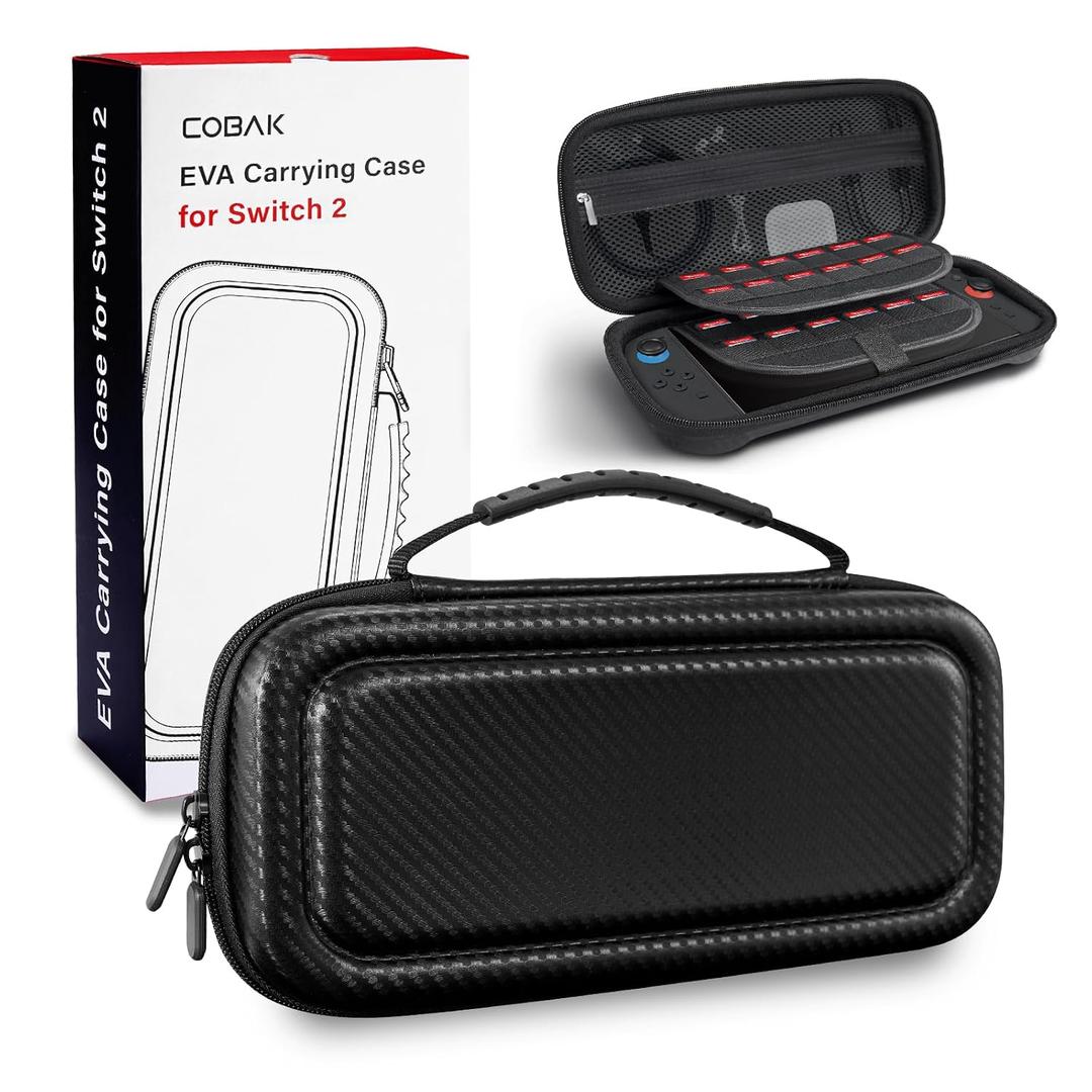 CoBak Large Capacity Carrying Case for Nintendo Switch 2 (2025) - 3 in 1 Accessories Bundle with 2 Screen Protectors, Thumb Grip Caps, 24 Game Cartridges, Hard Shell Portable Travel Pouch, FaBlack
