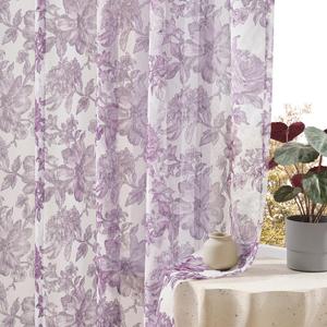 Violet Flower Tulle Curtains, 150 cm Length, 2 Panels, Modern Romantic Princess Deep Purple Flower Sheer Curtains for Bedroom Light Filtering, French Rod Pocket Printed Window Curtains for Girl's Room