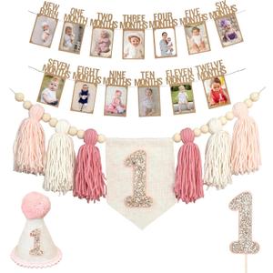 Handmade 1st Birthday High Chair Banner Birthday Decorations for Baby Boy with Garland Crown Hat Wild One Cake Topper Baby Photo Banner for Boy Wall Hangings Decorations (Pink)