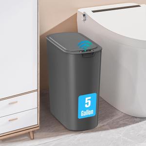 Cesun 5 Gallon Automatic Bathroom Trash Can, Touchless Motion Sensor Garbage Can with Lid, Smart Plastic Slim Wastebasket for Bathroom, Office, rv, Bedroom, Living Room, Grey