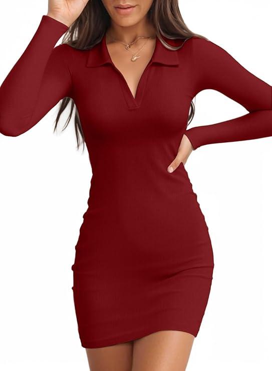 Valiamcep Women's Dress Long Sleeve V Neck Collared Ribbed Knit Bodycon Mini Pencil Dresses (Large, A Wine Red)