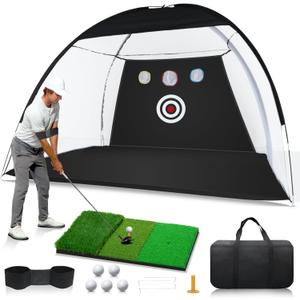 Golf Net: 10 x 7 Ft Golf Hitting Practice Net for Backyard Driving, Indoor & Outdoor Chipping Training Net with Mat, Targets & Balls, Ideal Gifts for Christmas Him Men Dad Husband Grandpa Boys Golfers