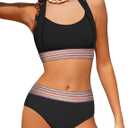 HOTOME Girls Swimsuits Size 10-12 Two Piece Color Block Halterneck Bikini Sets with Adjustable Straps Trendy High Waist Swimsuit for Girls 10-12
