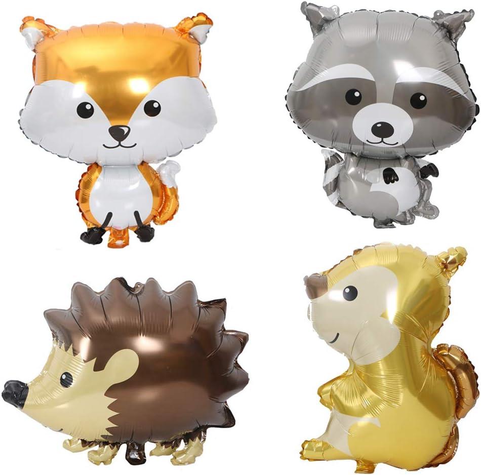 Woodland Animal Balloons Fox Hedgehog Squirrel Raccoon Foil Mylar Balloon for Woodland Animals Theme Birthday Party Supplies Decorations 4PCS
