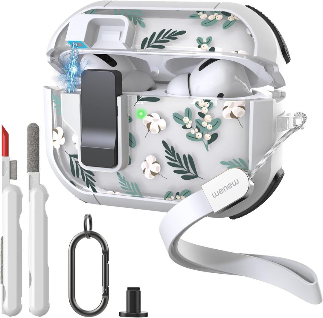 WENEW Case for AirPods Pro & Pro 2 Case Cover Secure Lock Automatic Snap Switch Clip Cleaner Kit Lanyard Women Stylish Leaf Full Body Hard Shell Front LED Visible (Green Leaves, AirPods Pro & Pro 2) WENEW Case for AirPods Pro & Pro 2 Case Cover Secure Lock Automatic Snap Switch Clip Cleaner Kit Lanyard Women Stylish Leaf Full Body Hard Shell Front LED Visible (Green Leaves, AirPods Pro & Pro 2)