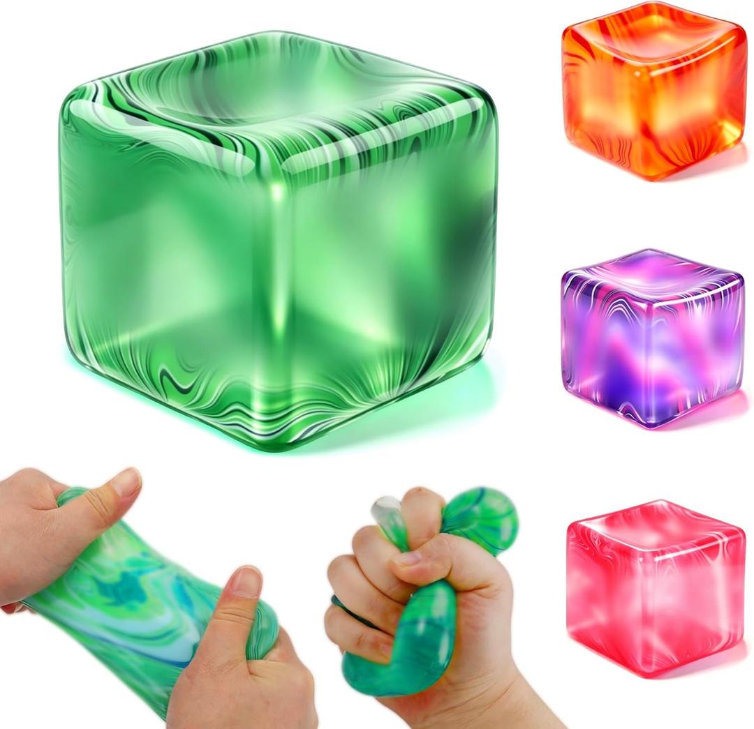 3 x Ice Cube Squishy Toys, Sensory Fidget Toy for Adults Kids | Squeeze Squishies Cube Stress Balls for Anxiety Class Prizes Party Favors Gifts Stocking Stuffers-Green