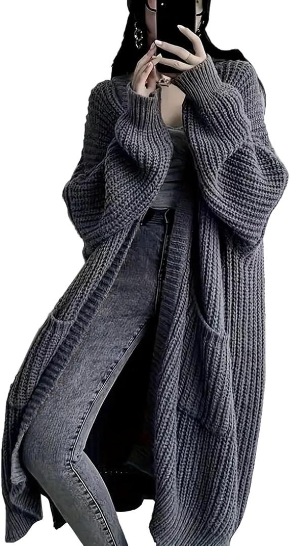 Womens Long Cardigan Sweaters Open Front Oversized Duster with Pocket for Women 2025 Fall Winter Knit Design Coats (Large, Grey)
