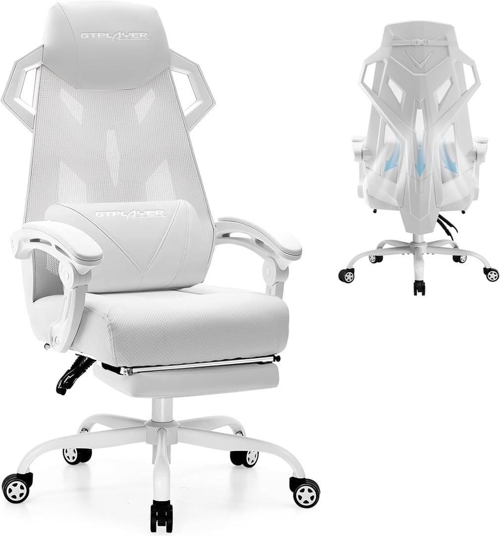 GTPLAYER Gaming Chair, Computer Chair with Mesh Back, Ergonomic Office Chair with Footrest, Reclining Game Chair with Adjustable Headrest and Lumbar Support for Gaming and Office (White)
