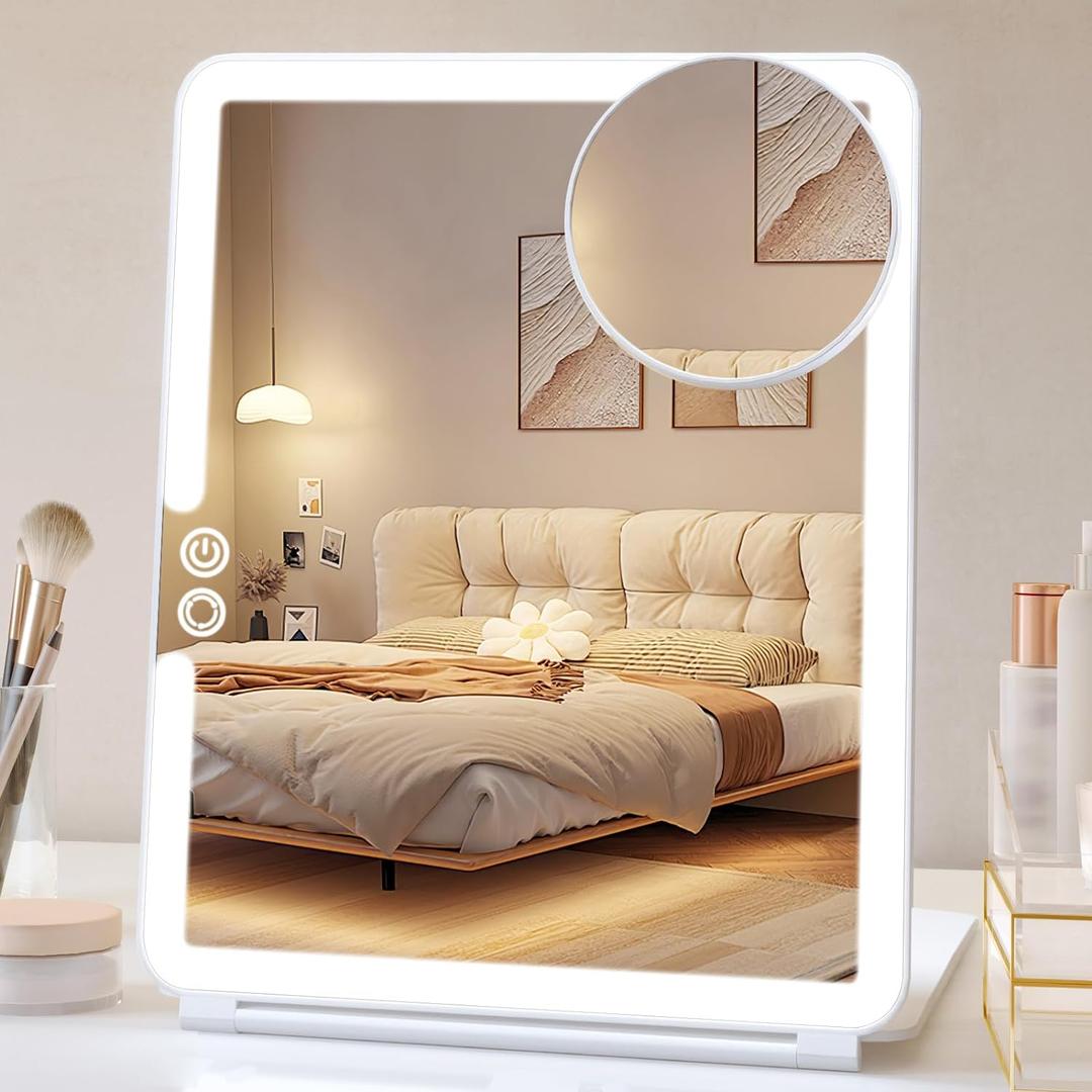 FUNTOUCH Rechargeable Large Travel Makeup Mirror with Lights, 1800mAh 10x7.5 Portable Lighted Makeup Mirror with 3 Color Lights, Dimming Folding Light Up Travel Mirrors with 10X Magnifying Mirror (White)