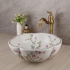 White Flower Vessel Sink With Antique Brass Faucet And Pop-Up Drain Bathroom Round Ceramic Basin Floral Vessel Sink Above Counter Flower Bird Bowl Sinks For Bathrooms Vanity Top Mount