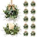 12 Pcs Small Eucalyptus Hanging Wreaths for Cabinets Artificial Greenery Mini Candle Ring Wreath with White Bud Stems and Linen Ribbon for Home Kitchen Front Door Window Wall Wedding Farmhouse Decor