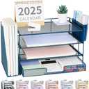 OPNICE Desk Organizer, 4-Tier Desktop File Organizer with Drawer and 2 Pen Holders, Office Desk Accessories, File Sorters, Workspace Organizers for Office Supplies(Dark Blue)