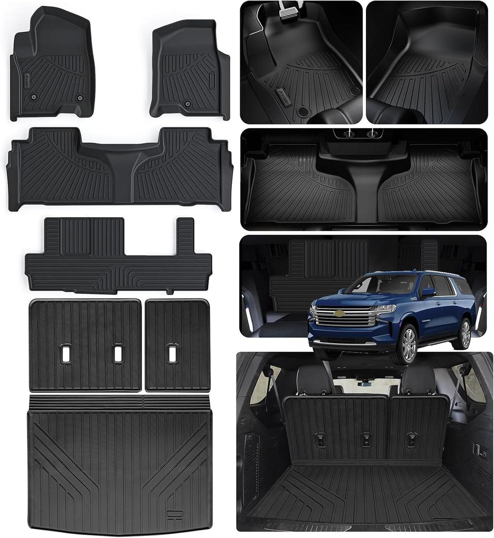 Floor Mats & Trunk Mat with Backrest Set for 2021-2024 2025 Chevrolet/Chevy Suburban 8 Seats (2 Row Bucket Seats)/GMC Yukon XL(Only XL)/Cadillac Escalade ESV, TPE Car Floor Liners with Cargo Liner