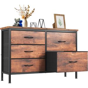 DUMOS TV Stand for Bedroom with 5 Storage Drawers, Fabric Chest of Drawers with Metal Frame, Living Room Storage Organizers Units for Books, TV Stand and Hallway, Rust, 11.8"D x 39.4"W x 25.3"H