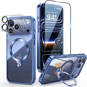 [Tri-Shield Protection] for iPhone 17 Pro Max Case with 360 Spin Stand Compatible with MagSafe [Magnetic CD Ring][Screen & Camera Lens Protector] Shockproof Plating Never-Yellowing, Blue-6.9"