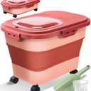 Collapsible Dog Food Storage Container with Lids, Airtight Rice Flour Cereal Sugar Cat Pet Bird Seed Containers Bin Bucket with Rolling Wheel, 20 25 30 Lbs Pound Plastic Sealable Kitchen Pantry Holder (Pink)