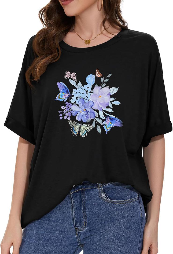 Oversized Tshirts for Women Summer Short Sleeve Casual Basic Tee Tops Loose Fit Shirts, Black Flower Butterfly, 3XL