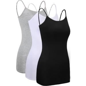 WILLBOND 3 Pieces Women Basic Long Tanks Adjustable Spaghetti Strap Camisole Top (XX-Large, Grey, White and Black)