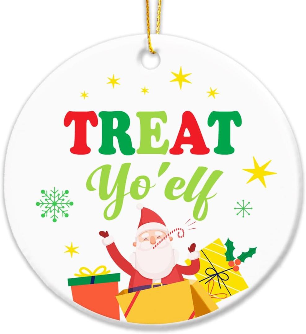 2 x Inspirational Christmas Hanging Ornaments 2025, for Coworkers Collegues Friends,Treat Yo'elf Ceramic Hanging Ornament Keepsake with Golden Ribbon for Xmas Tree Decor