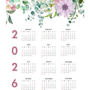 2026 Year at a Glance Unframed 8x10 Calendar - Colorful Watercolor Flowers Design - Premium Satin Luster Finish - Handmade in the USA