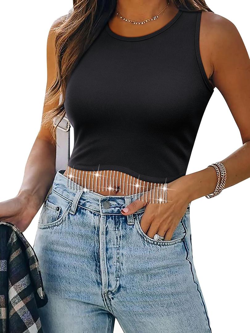 Womens Western Sparkly Fringe Sleeveless Crop Tops Cowgirl Going Out Cropped Tank Tops with Glitter Tassel (M)