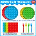 96 Pcs Building Block Party Supplies, Building Bricks Plates and Napkins Set Building Block Themed Dinnerware for Birthday Party Decorations, Serves 24