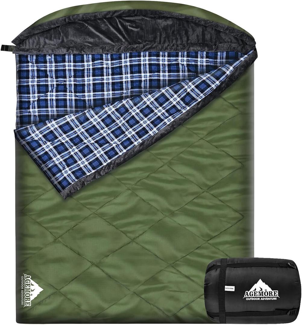 Cotton Flannel Double Sleeping Bag with Fleece Lined Hood, Waterproof Queen Size 2 Person Sleeping Bag for Adults Cold Weather Camping Backpacking or Hiking, 3-4season