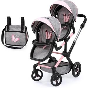 Bayer Twin Doll Stroller, Double Baby Doll Stroller, Butterfly Grey & Pink with Matching Handbag, One Size