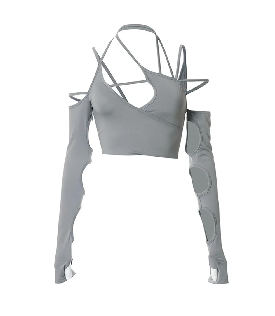 Punk Women Halter Tops Gothic Egirl Patchwork Long Sleeve Crop Top Sexy Cut Out Casual T-Shirts, L