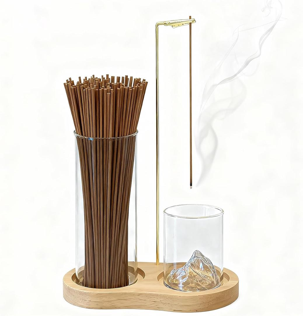 2-in-1 Glass Incense Holder for Sticks, Wooden Incense Burner with Ash Catcher & Incense Storage, Anti-Ash Flying Incense Stick Holder for Meditation, Yoga, Spa, and Home Decor(Natural Wood)