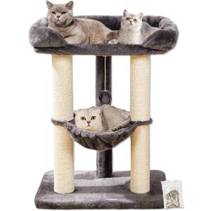 Happi N Pets 28" Cat Tree Tower for Indoor Cats, Tall Cat Scratching Post with Large Bed for Maine Coon Big Cats, Sisal Cat Scratcher with Soft Perch & Hammock, Stable Cat Stand, Removable Cover-Gray