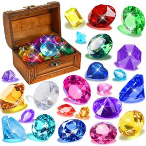 MARFOREVER Large Diving Gems Pool Toys, 48 PCS Big Colorful Diamonds with Big Pirate Treasure Chest Box Underwater Gemstone Swimming Toys for Kids Summer Swim Water Training Toys Gifts Games