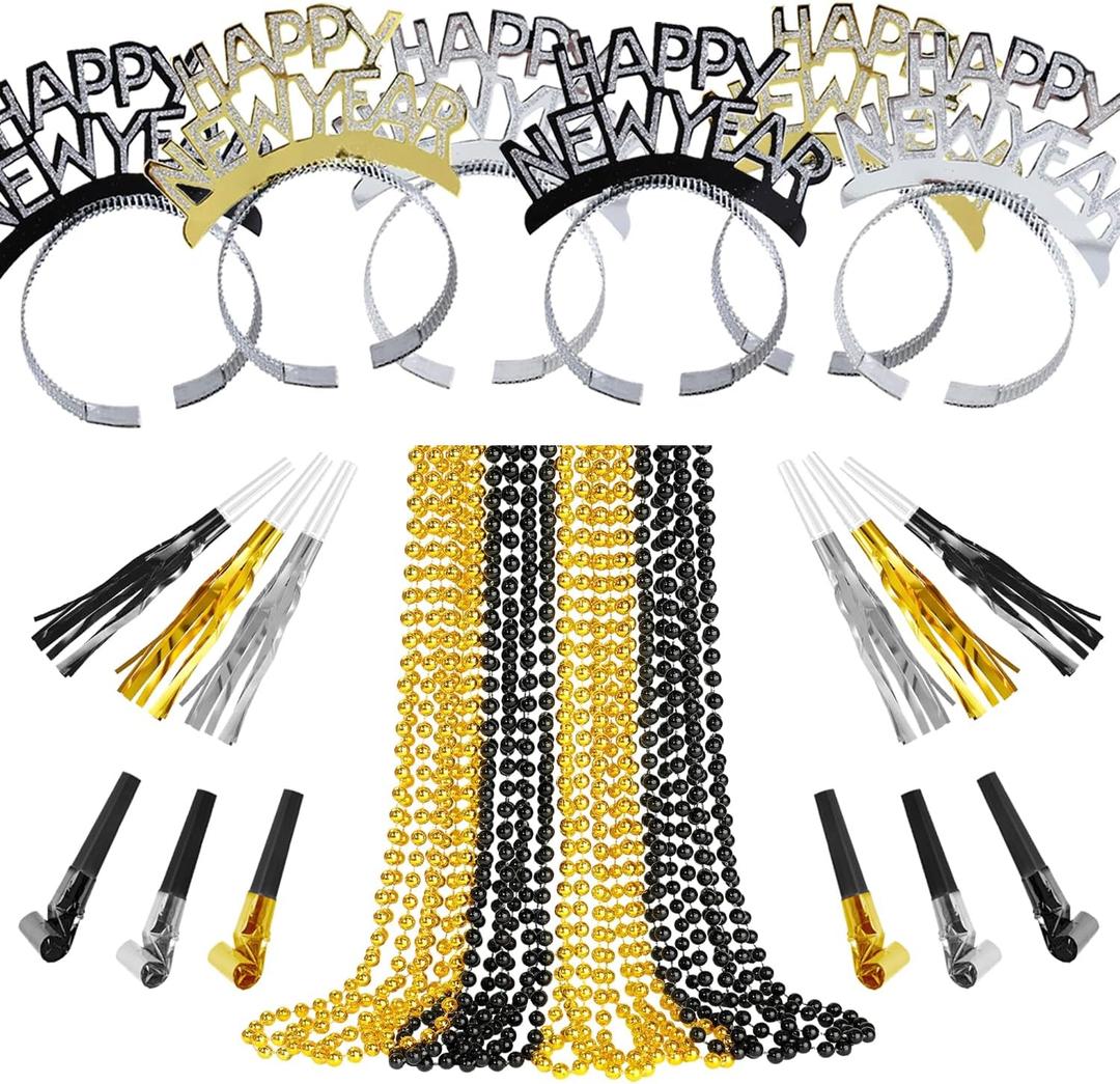 IMISHM New Year Party Favors Kit Happy New Year party supplies Include Headbands Beaded Necklaces Horns Blowouts NYE Party Supplies for Guests Celebrations Photo Props