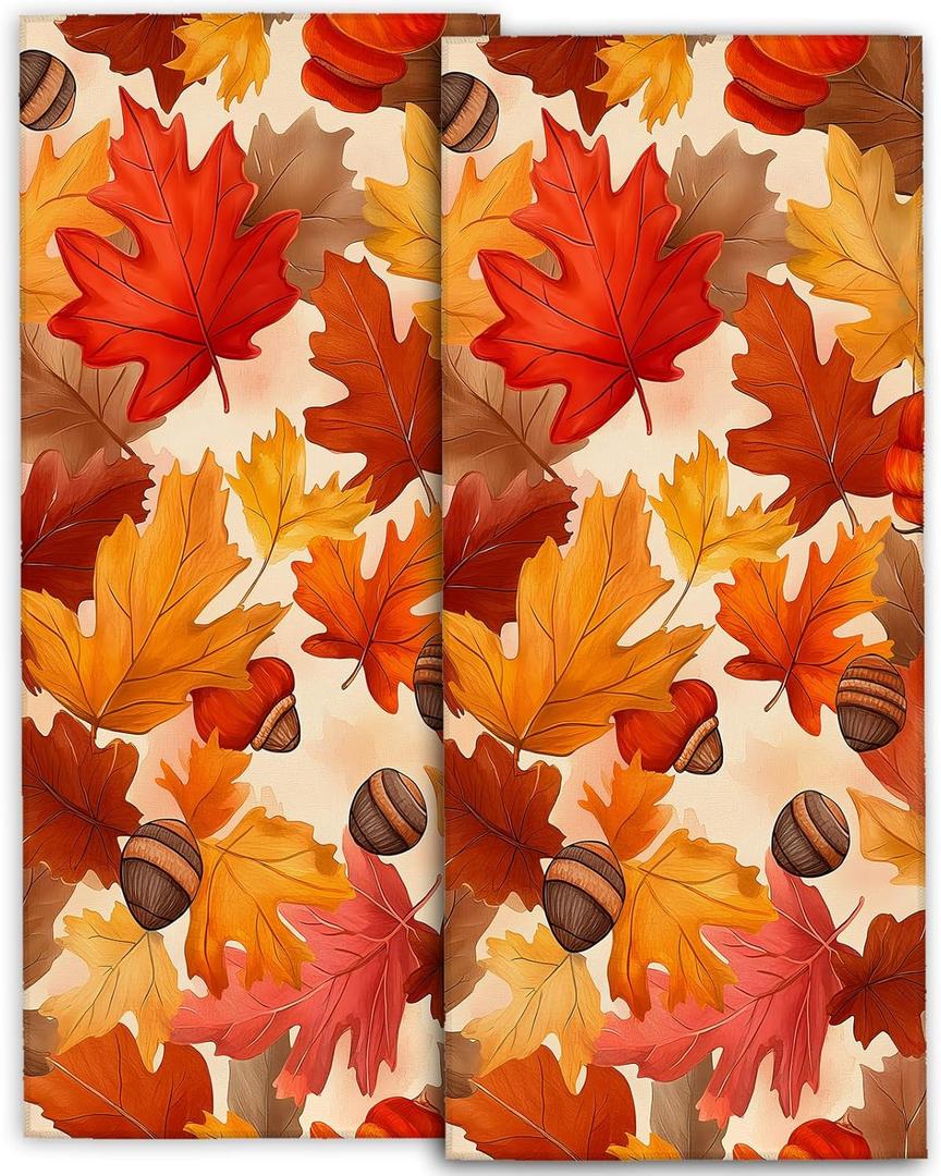 amepay Autumn Leaves Hand Towels - 2 Pack, 14.5" X 28",Soft Microfiber Polyester Festive Towel Set with Colorful Fall Leaf and Acorns Pattern,for Bathroom Kitchen Spa Hotel Decor Gifts
