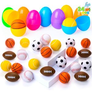 JOYIN 24 Pcs Pre-Filled Easter Eggs with Sports Stress Balls Squishy Toy, Football Basketball Soccer Baseballs Tennis Stress Relief Toy, Easter Egg Hunt, Basket Stuffer Filler, Kids Party Favor