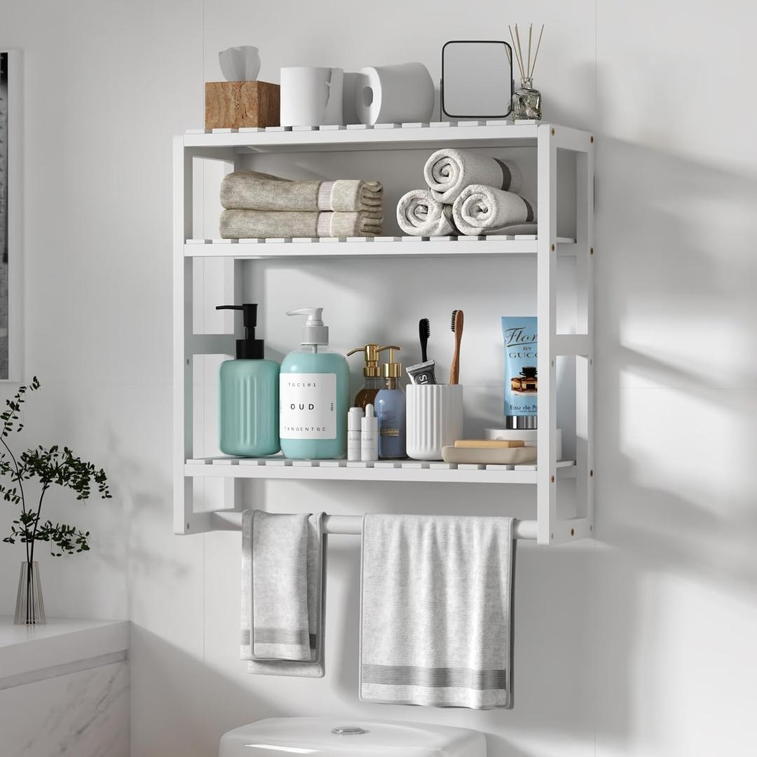 Galood Over The Toilet Storage Bathroom Shelves Wall Mounted 3 Tier Space Saver Corner Shelf Organizer Bamboo Towel Rack Toilet Paper Cabinet with Hanging Rod White, Large