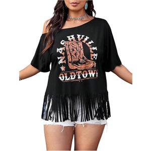 Women's Plus Size Off Shoulder Tops Cowgirls Graphic Tees Short Sleeve Fringe Tassel T Shirts (Black, XL)