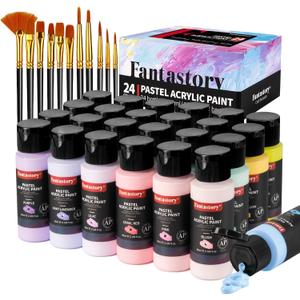 Fantastory Pastel Acrylic Paint Set, 24 x 2oz Creamy Pastel Colors +12 Brushes, Exceptional Coverage, Craft Painting Kit, for Canvas/Rock/Ceramic/Model/Wood,Painters,Instructors. [Professional Series]