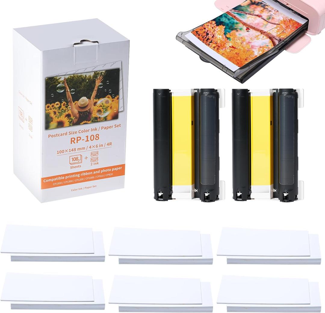 Compatible with Canon Selphy CP1300 Ink & Paper Set, 108 sheets 4"x6" Glossy Photo Paper, 2 Color Ink Cassettes, for CP1200/CP1500/CP1000 Photo Printer, RP-108