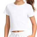 HASMES Girls Crop Tops Athletic Short Sleeve Round Neck Basic Tees for Kids 7-14Y (White)