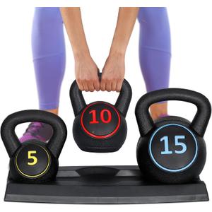 F2C 3-Piece Kettlebell Set with Storage Rack 5lb, 10lb, 15lb Weights HDPE Coated Concrete Kettlebells Core Training for Home Gym Exercise Fitness