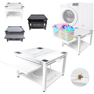 Washer and Dryer Pedestals  White 28" Fit, 18" Tall Steel Stand for Back Relief with Pull-Out Shelf, Drain Pan & Hose, 800 lb Capacity, Easy Setup  Laundry Pedestal for Washer and Dryer