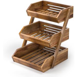 G.a HOMEFAVOR Fruit Basket: 3-Tier Acacia Wood Fruit Bowl for Kitchen, Fruit Stand Storage Holder for Vegetables and Snack Home Kitchen Countertop Organizer (Self-assembly)