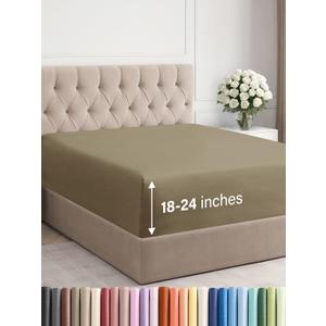 Extra Deep Queen Fitted Sheet - Hotel Luxury Single Fitted Sheet Only - Easily Fits 18 inch to 24 inch Mattress - Ultra Soft, Wrinkle Free w/Extra Deep Pockets - Easy-Care, Breathable & Comfy - Khaki