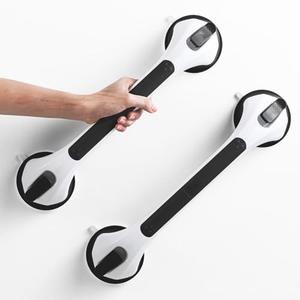 LEVERLOC 2 Pack Grab Bars for Bathtubs and Showers, Easy to Install Suction Shower Handles for Bathroom Removable Handrails for Seniors Elderly Safety Grip Waterproof Drill Free Black