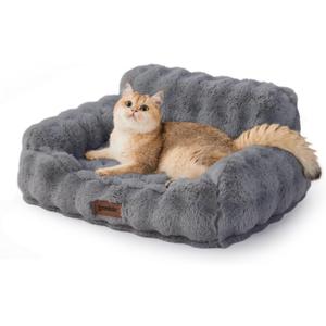 Cat Couch Bed for Indoor Cats - Orthopedic Cat Sofa with Supportive Egg Foam, Fluffy Cute Faux Fur Removable Washable Cover and Non-Slip Bottom, Grey