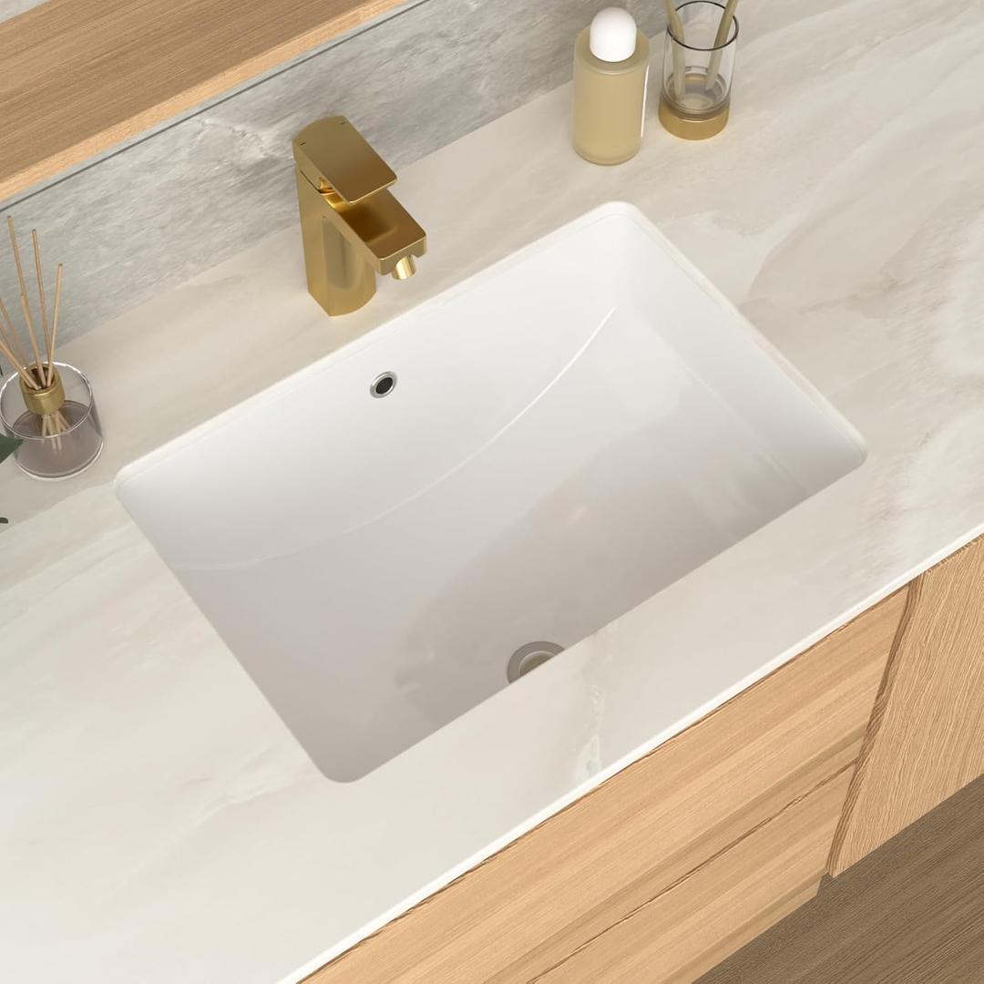 Undermount Bathroom Sink Rectangle 21x14 Inch White Rectangular Porcelain Ceramic Vessel Sink with Overflow, Under Counter Lavatory Vanity