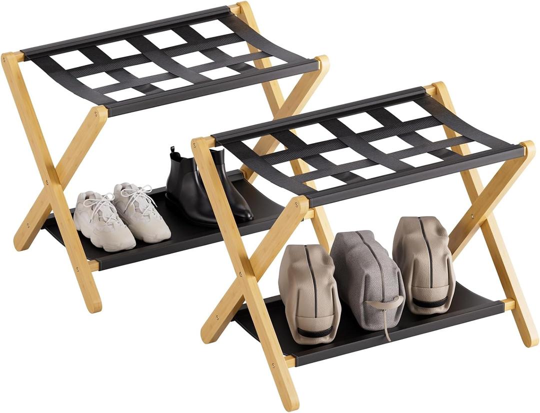 HITNET Luggage Rack 2 Pack, Folding Suitcase Stand for Guest Room, Bamboo Luggage Holder with Storage Shelf for Hotel Bedroom, Natural